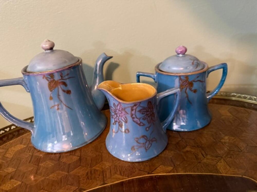 Vintage Blue Floral German Tea Set – Teapot, Sugar Bowl & Creamer